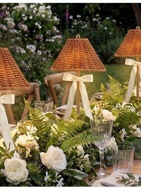 Wicker Shade Table Lamp with Cream Ribbon Accent - Home Dining- set of 4